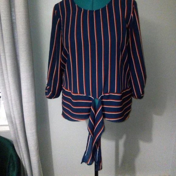 Maurice’s Pinstriped Tie Waist Blouse Sz Large Red White & Blue - Picture 10 of 15